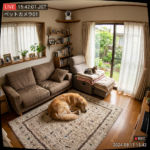 Sleeping dog on rug and cat resting on blankets in living room