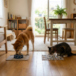 A Shiba Inu dog and a tabby cat eating from separate bowls on wooden floor.
