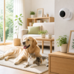 Golden retriever and tabby cat resting on rug in living room with security camera on wall