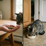 Tabby cat sniffing dry food in hand and eating from bowl