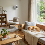 Ginger cat sleeping on a sofa in a cozy living room with wall camera