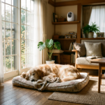 Golden retriever sleeping on a cushioned dog bed in a living room