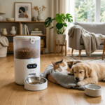 Calico cat sleeping on a cozy blanket next to an automated pet feeder dispensing dry cat food into a bowl